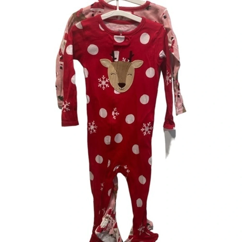 Carter’s pajama set reindeer girls footed long sleeve red pink Santa pjs NWT 18M